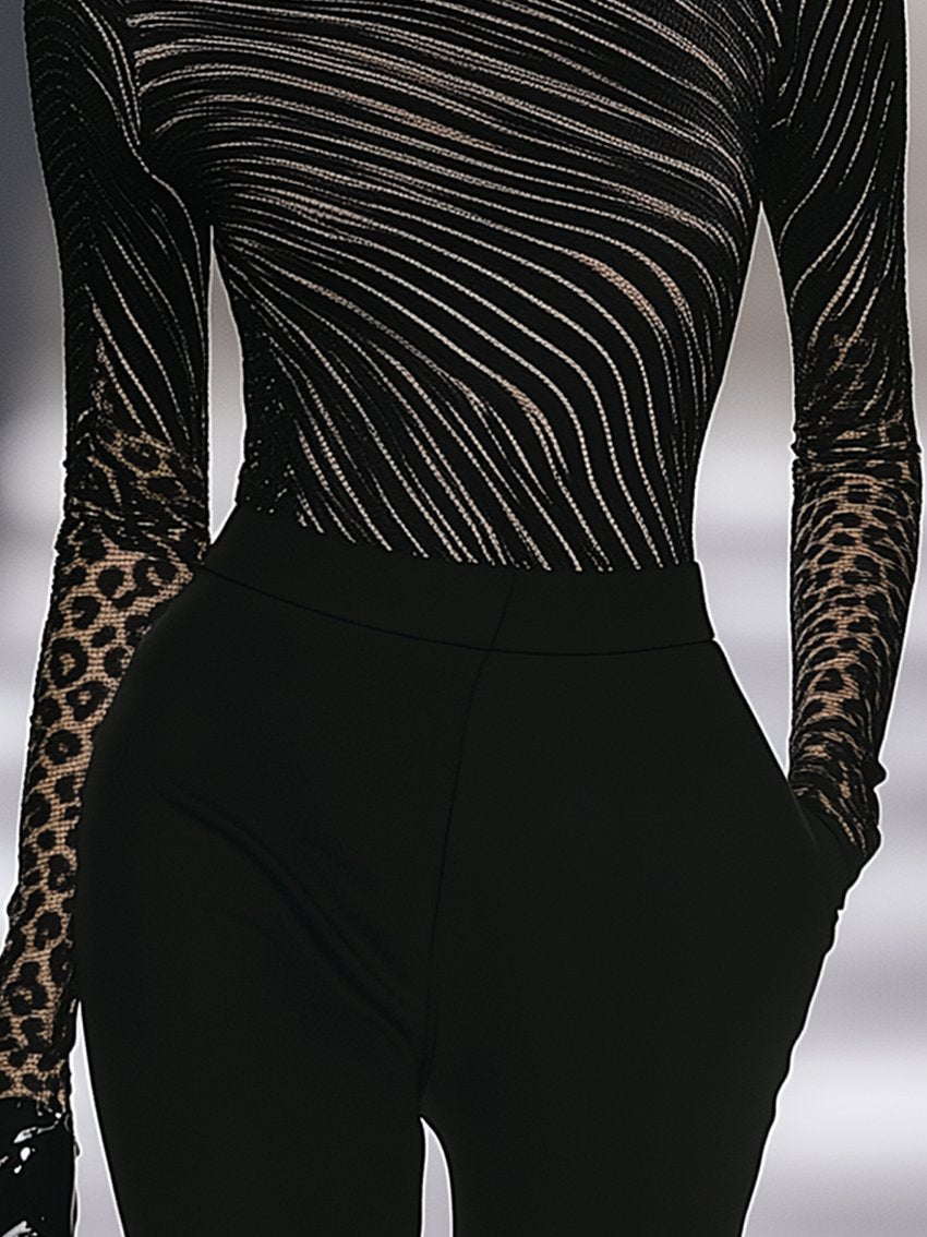 Black Stretch-fit T-shirt With Abstract Lines And Leopard Print