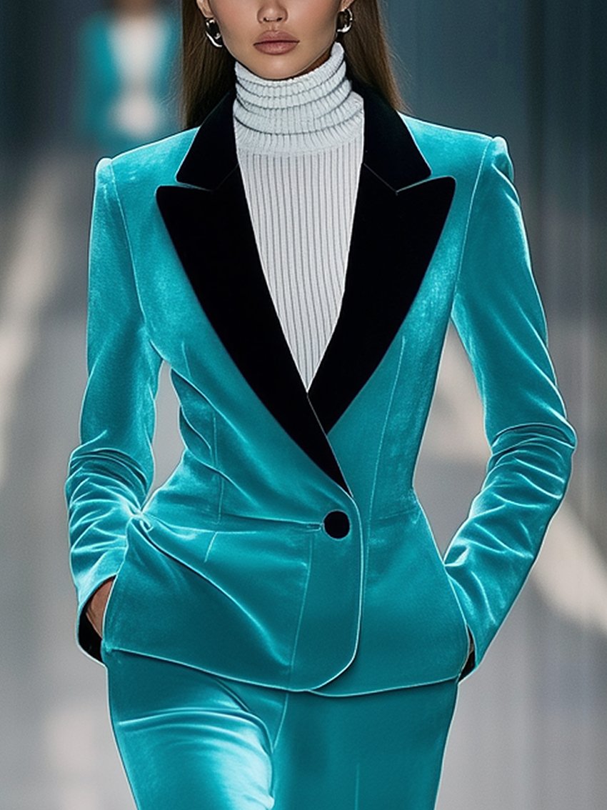 Bright Cyan Velvet Blazer With Black Collar