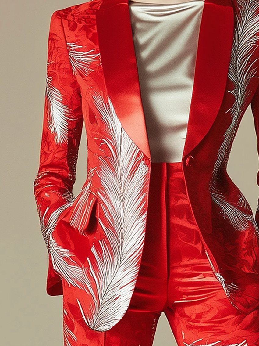 Red Satin Blazer With Silver Feather Print