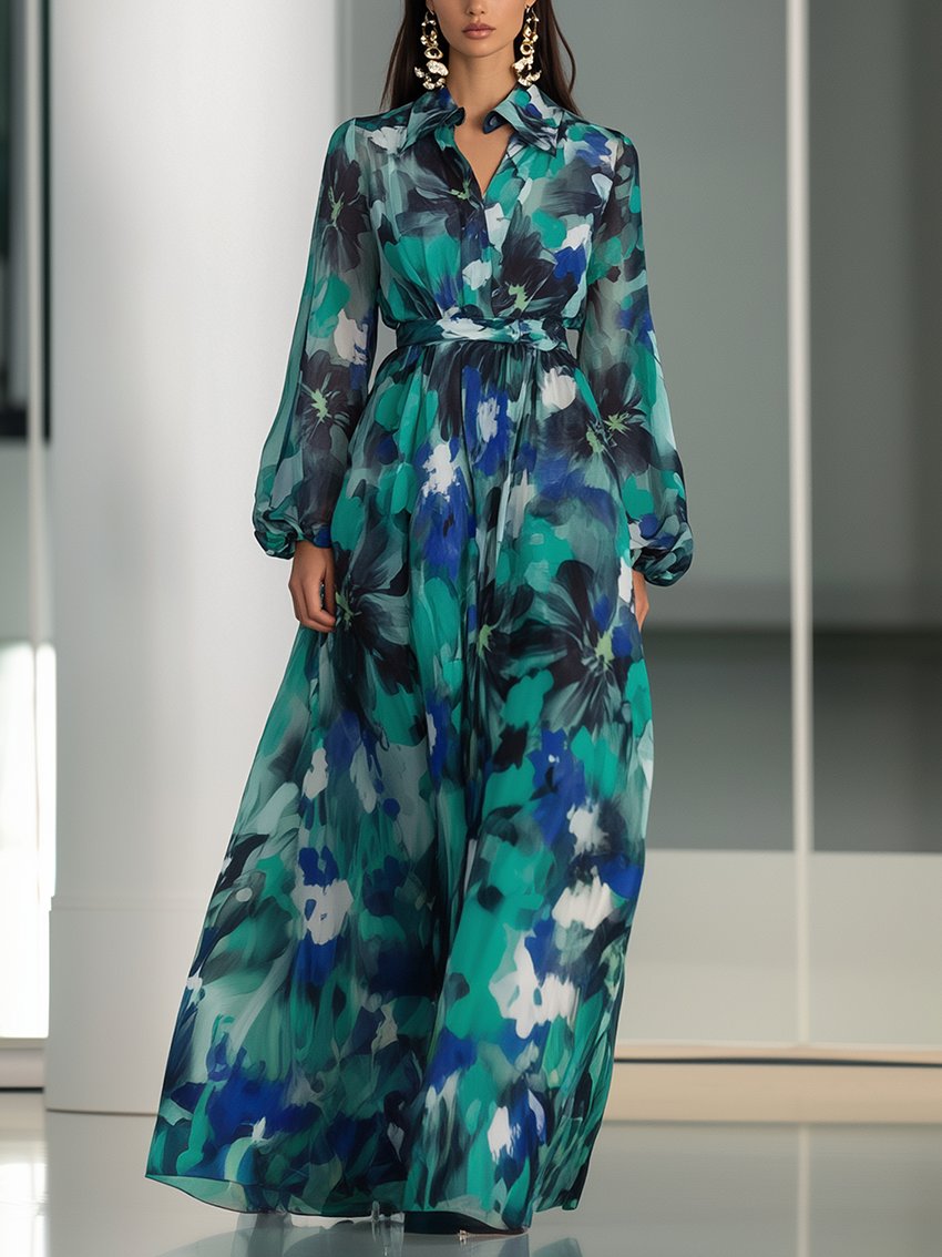 Chiffon Shirt Maxi Dress With Green Flower Print