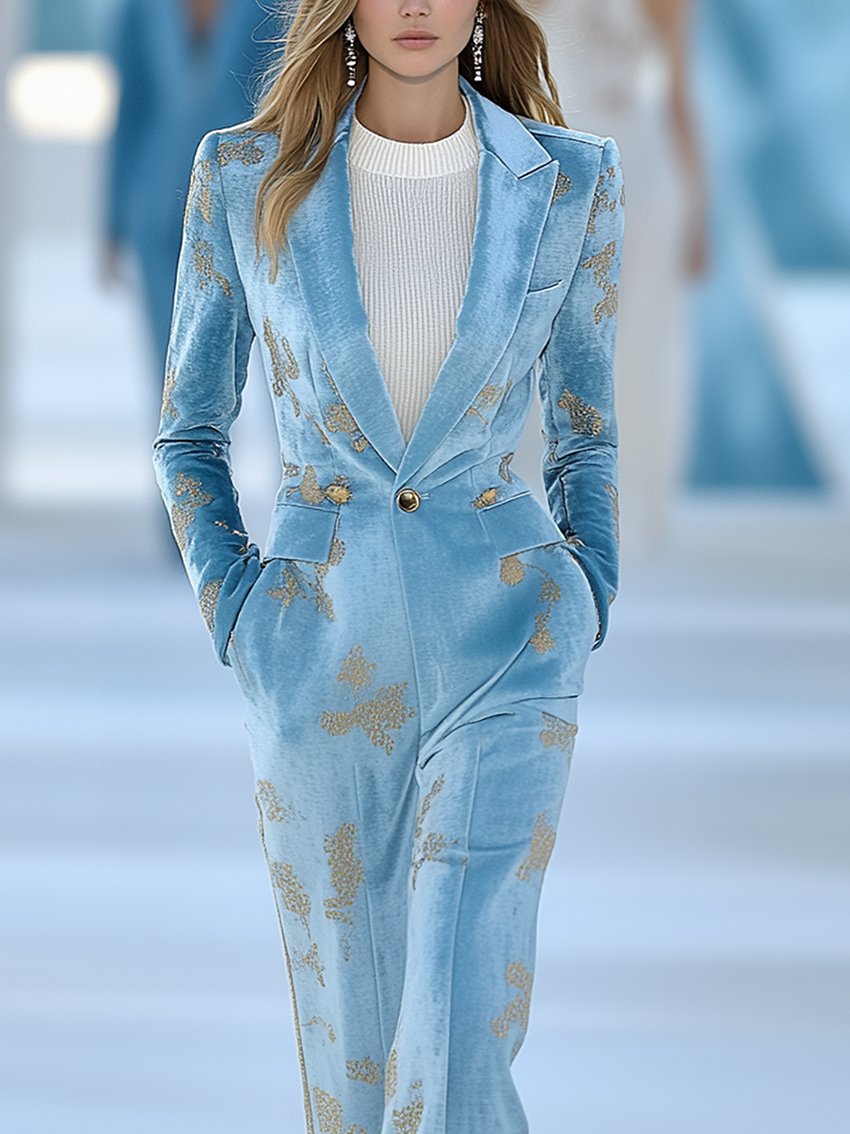 Sky Blue Velvet Jumpsuit With Gold Print