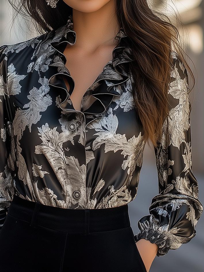 Black Floral-Print Satin Ruffled Neck Blouse