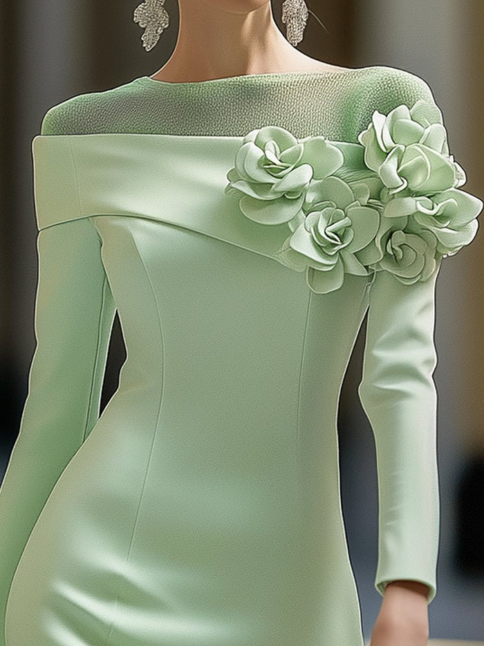 24-Hour-Shipping Light Green Midi Pencil Dress With Mesh And 3D Flower