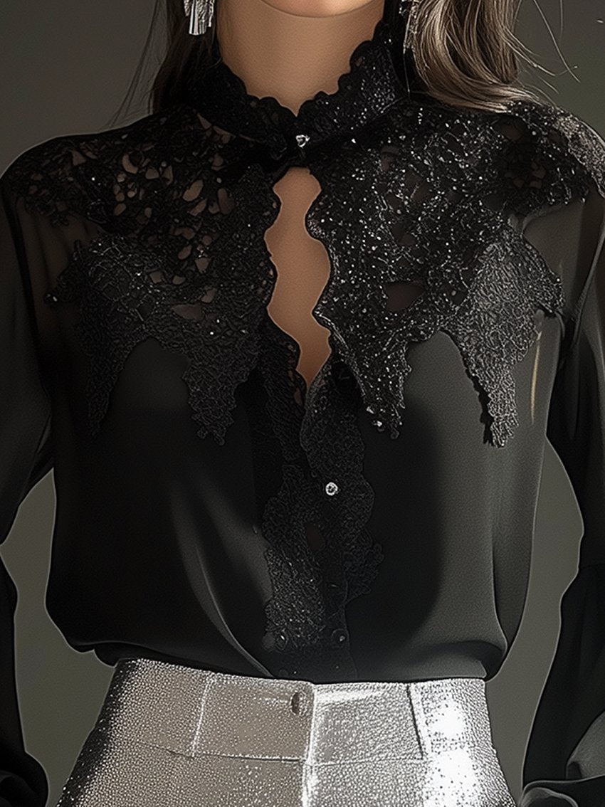 Black Chiffon Blouse With Collar Stitching Lace Balloon Sleeves