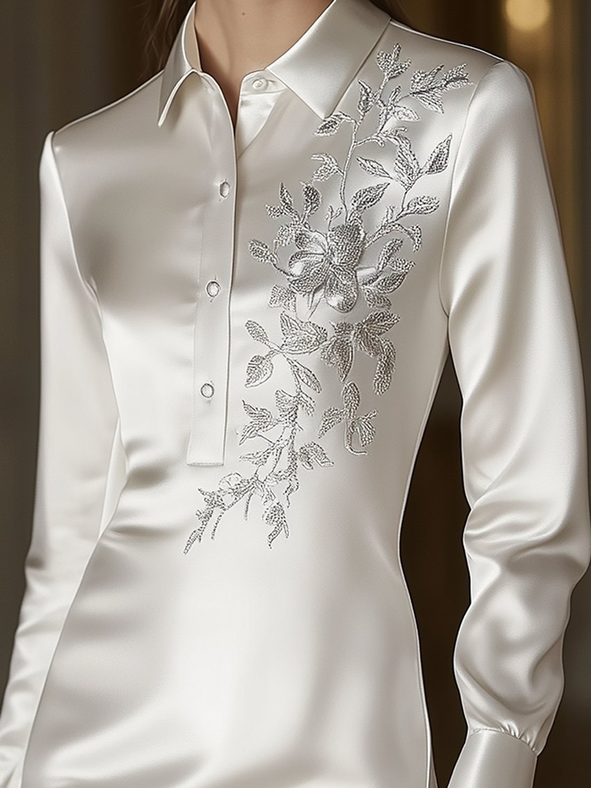 White Satin Midi Shirt Dress With Silver Leaf Embroidery