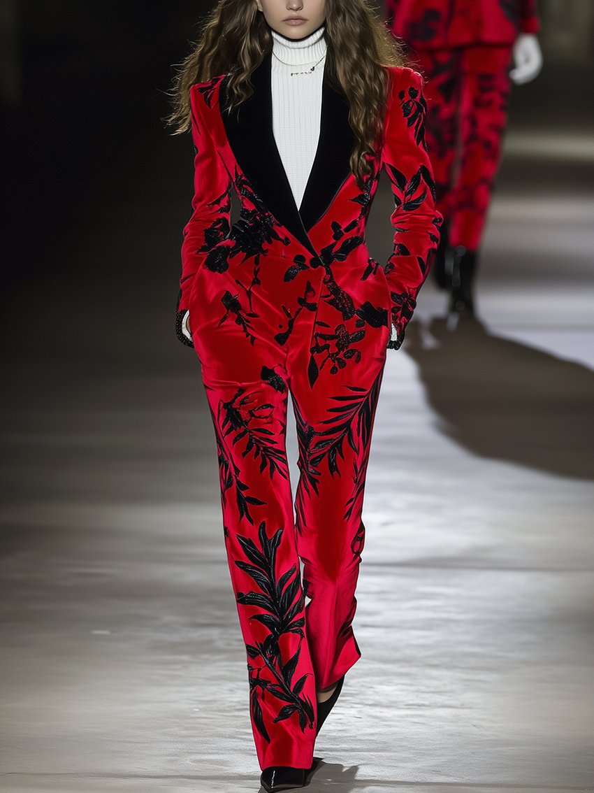 Red Velvet Jumpsuit With Black Plant Print And Black Collar