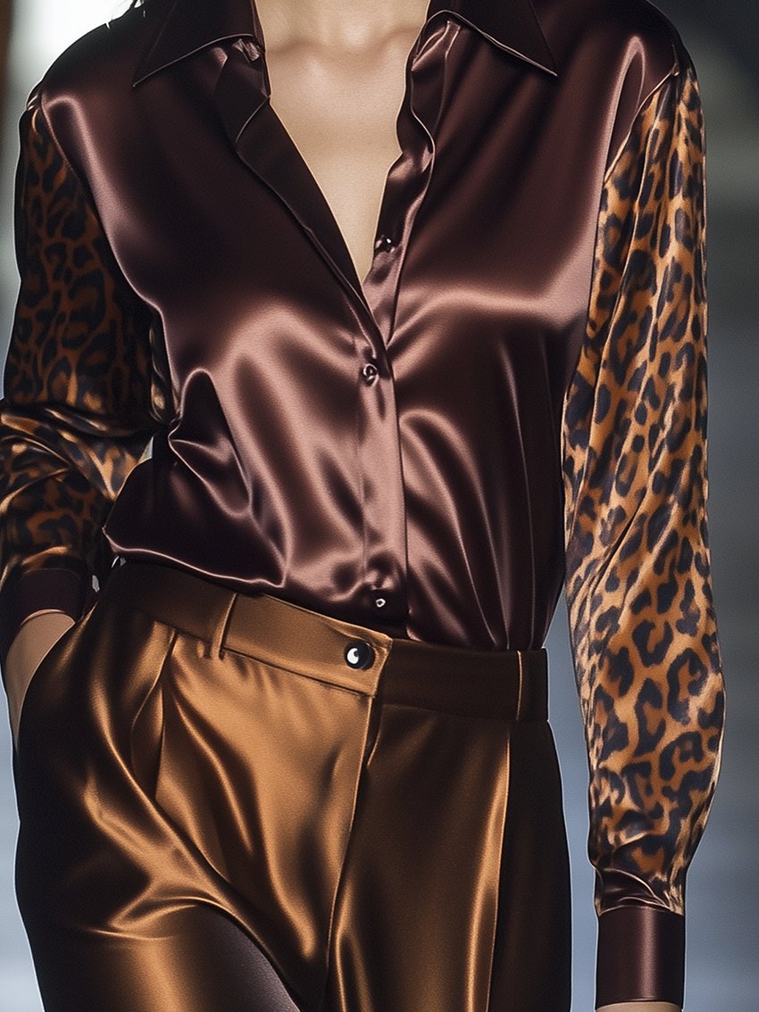 Brown Leopard Print Satin Sleeve Blouse