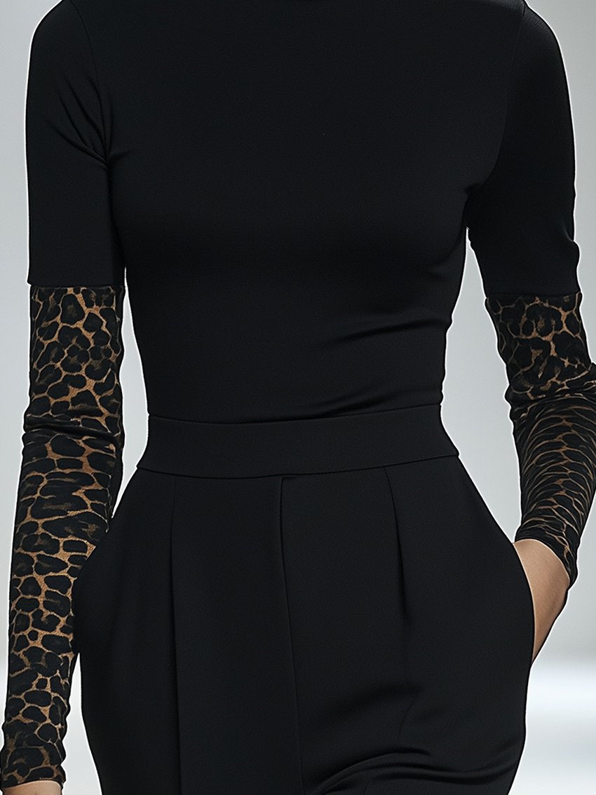 Black Stretch Leopard Print Sleeve T-shirt