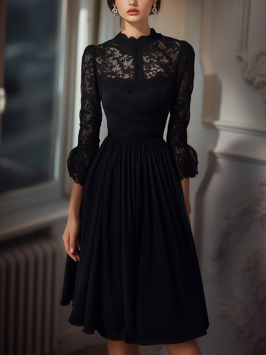 Black Midi Dress With Lace Stitching