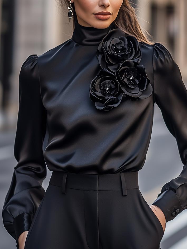 Black High Collar 3D Floral Embellished Satin Shirt