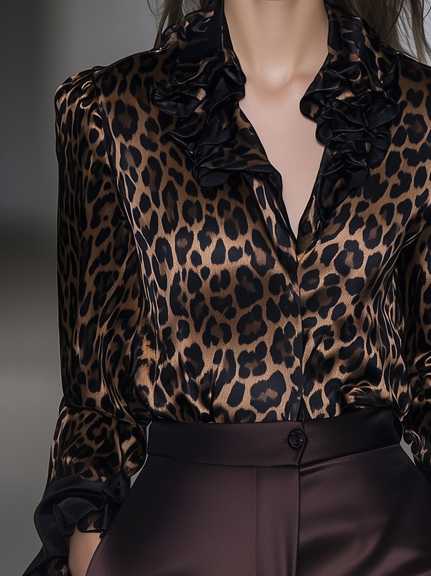 Brown Leopard-print Satin Blouse With Ruffled Neckline Sleeves