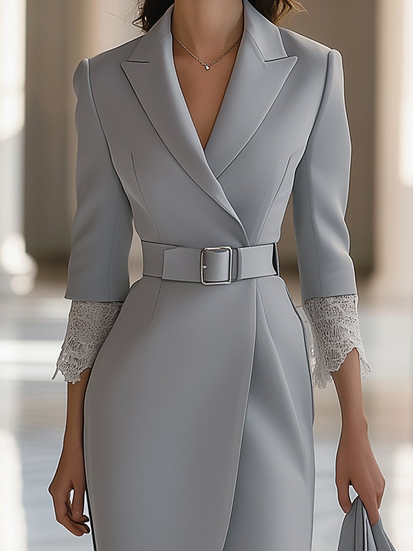 Gray Midi Suit Dress With Lace Cuffs