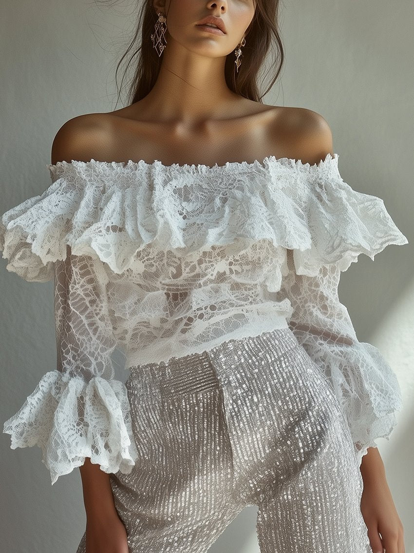 Off-Shoulder White Lace Shirt With Cuffs Ruffles