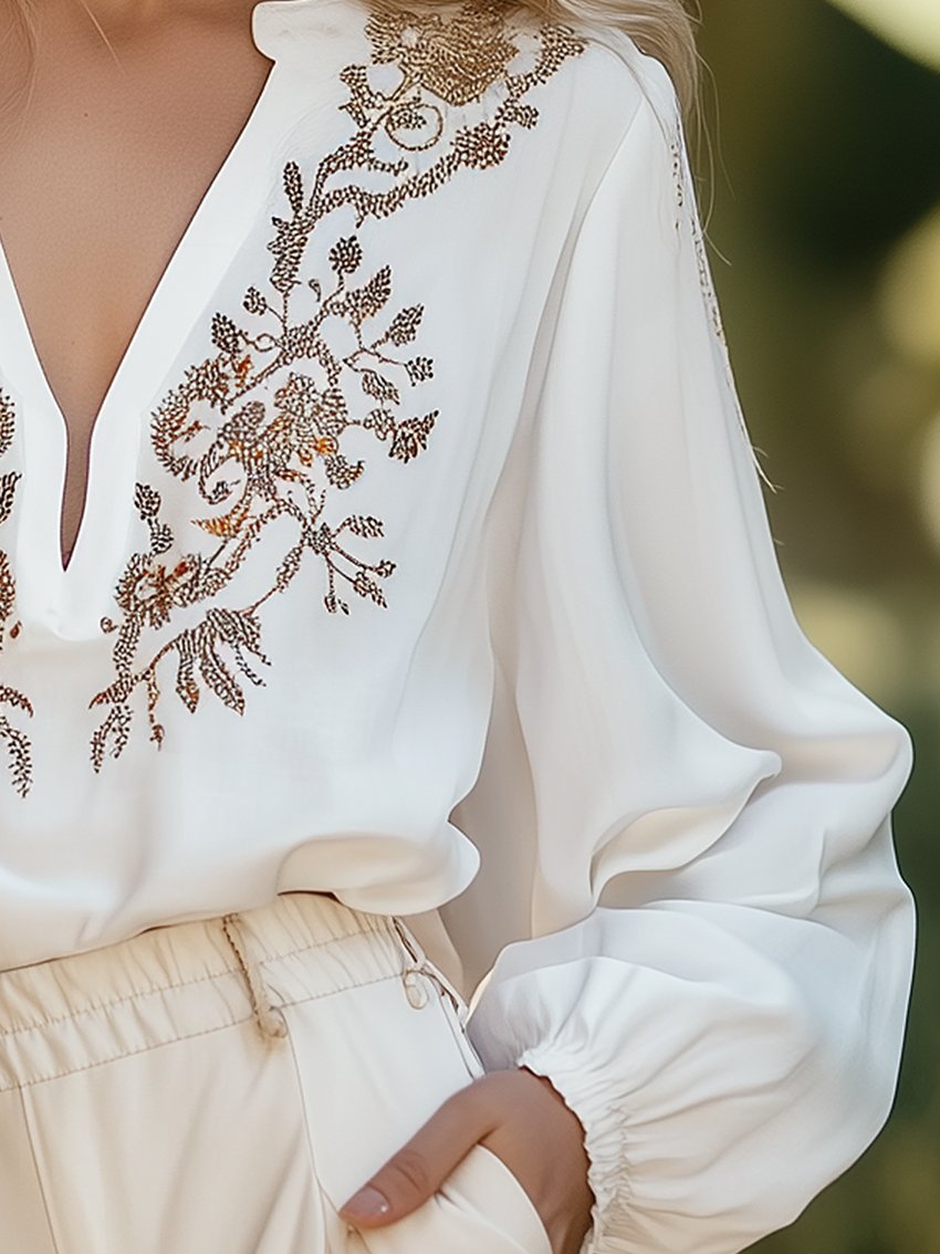 White Shirt With Plant Embroidery And Balloon Sleeves