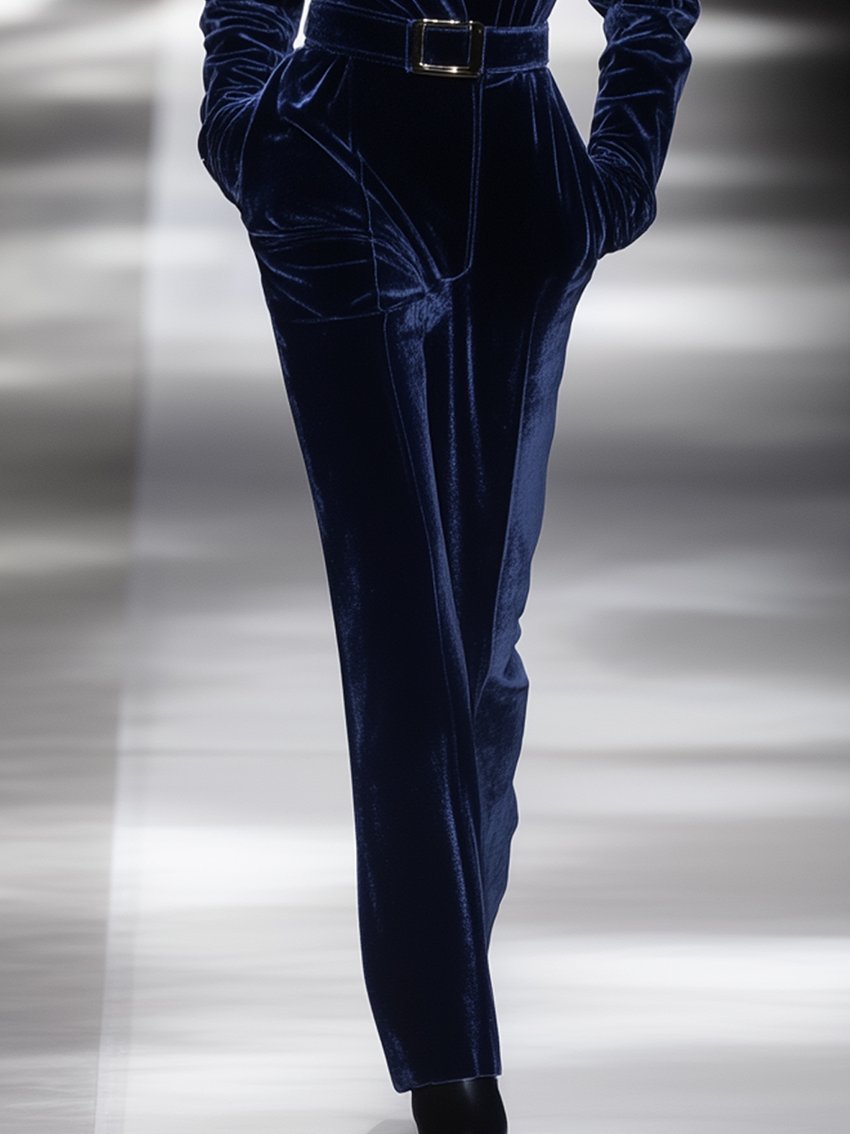 Dark Blue Velvet Jumpsuit With Belt