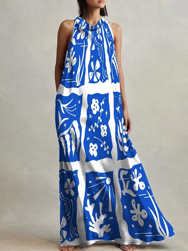 A-line Printed Tied Heaps Collar Maxi Dresses