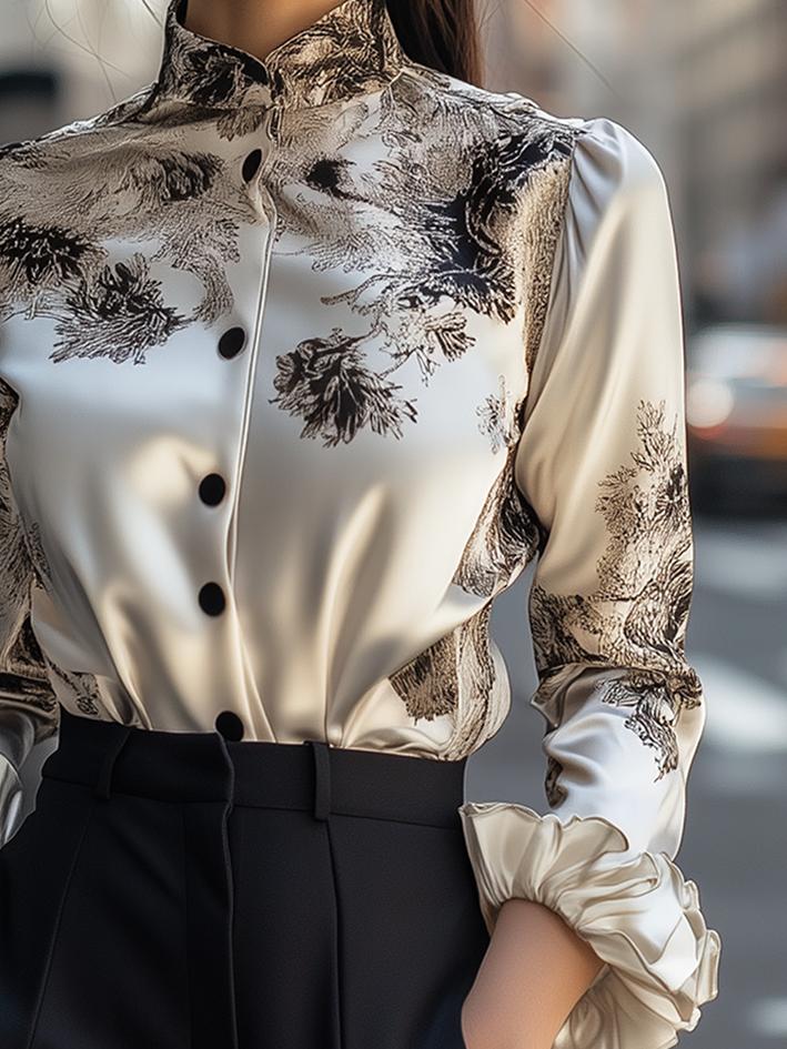 Light Gray Black Floral Print Satin Blouse