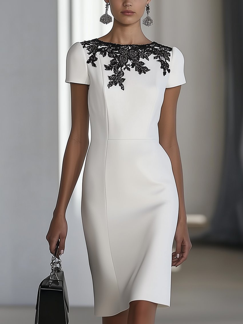 White Midi Dress With Black Lace Embroidery At Neckline