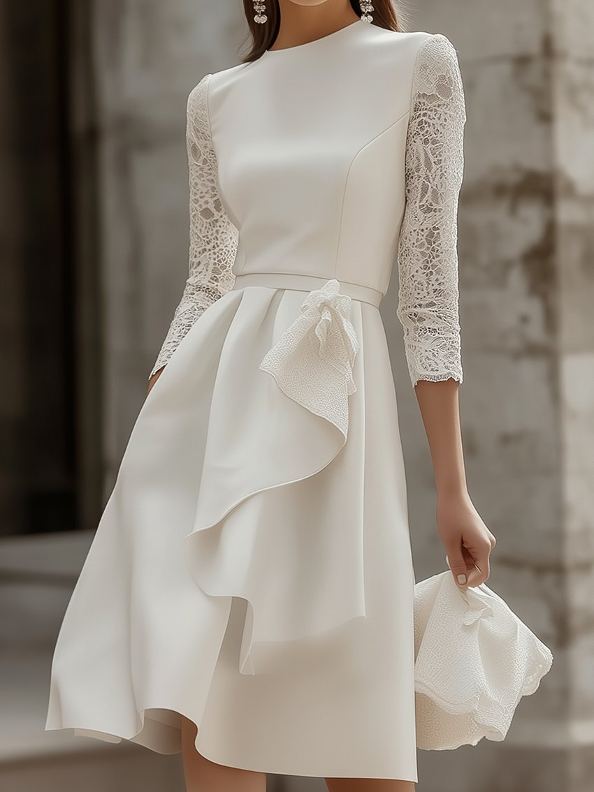 White Round Neck With Lace Sleeves Midi Dress With Ruffles