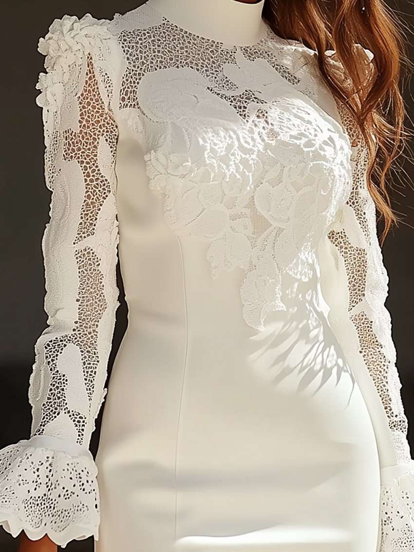 Neckline Sleeves With Lace Decoration High Collar White Midi Dress