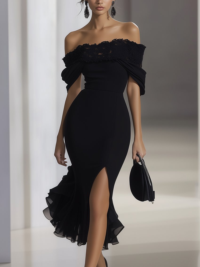 Black Chiffon Maxi Dress With Off-shoulder Neckline And Lace