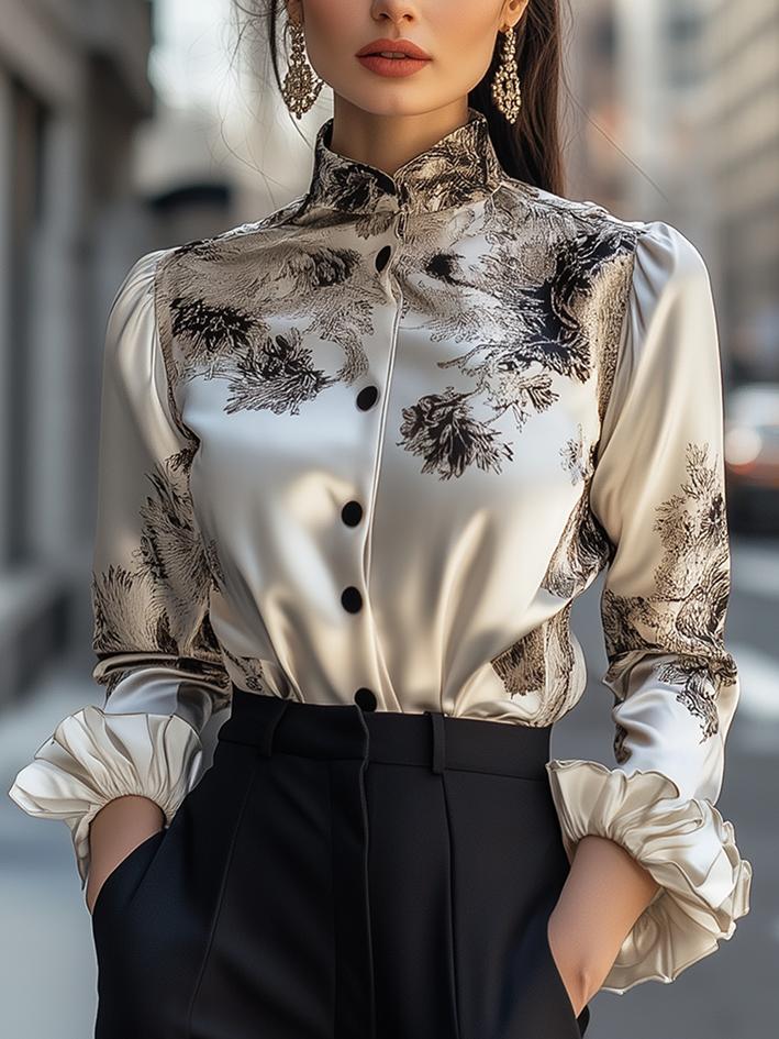 Light Gray Black Floral Print Satin Blouse