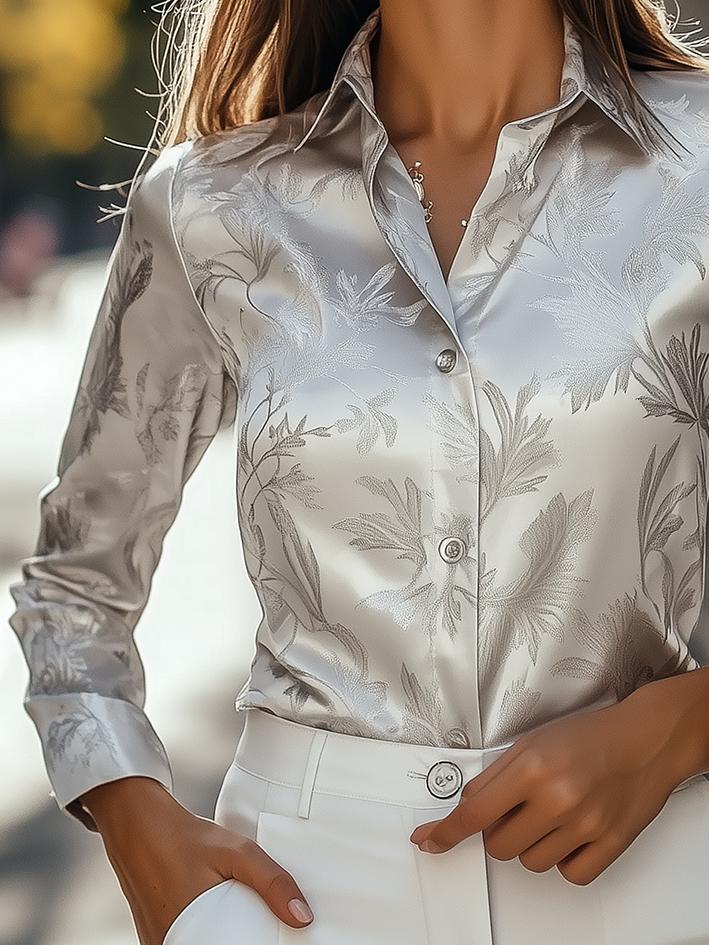 Silver Dark Floral-Print Satin Blouse