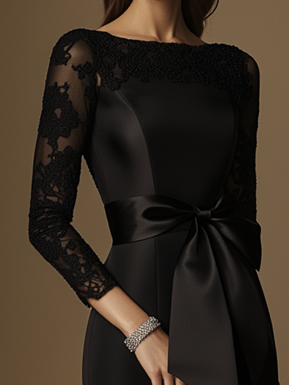 Black Satin Dress With Lace Sleeves And Collar And Belt