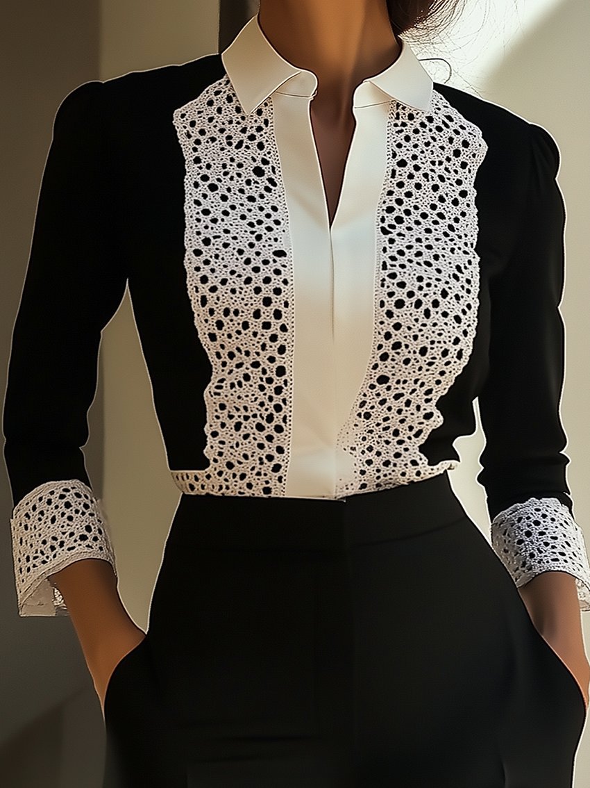 Lace Black And White Shirt With Lapel