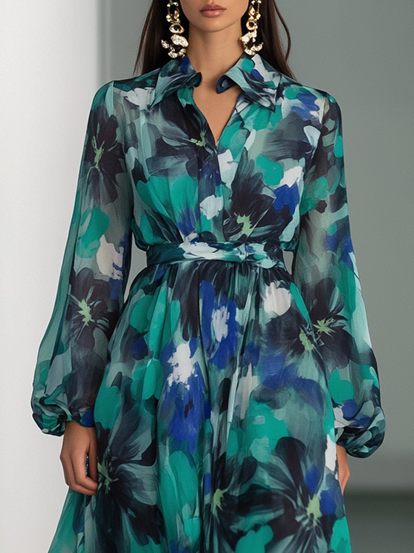 Chiffon Shirt Maxi Dress With Green Flower Print