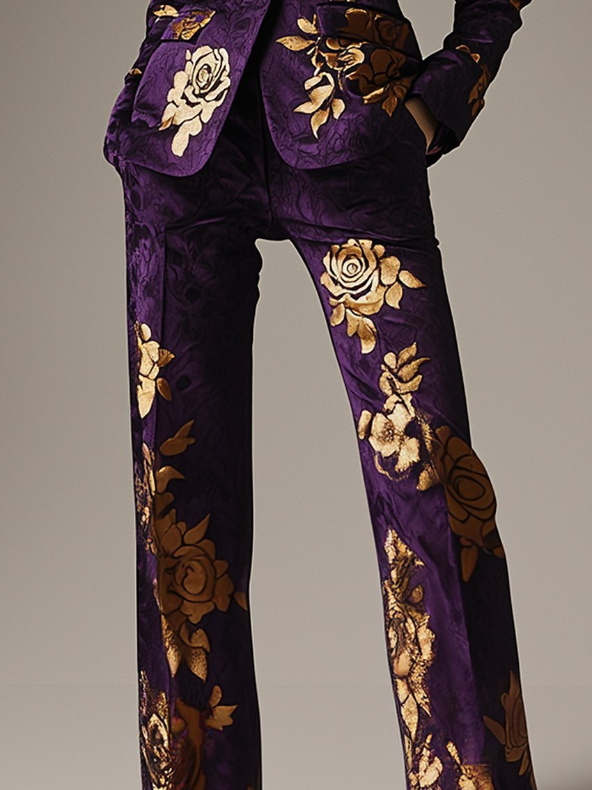 Purple Pants With Golden Rose Print