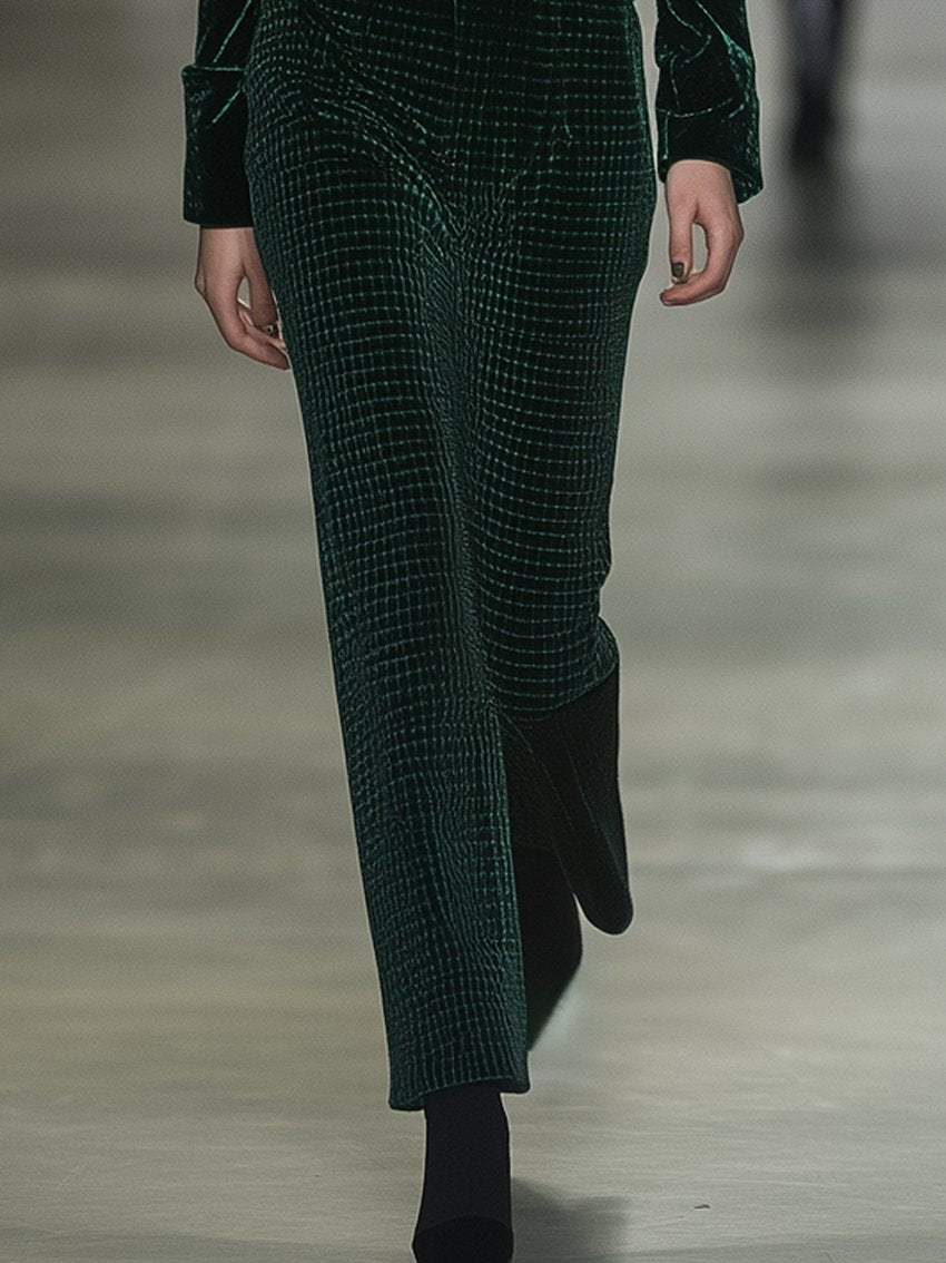 Green Velvet Jumpsuit With Black Checkered Pattern