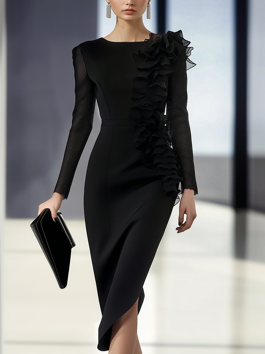 Black Midi Pencil Dress With Mesh Sleeves And Mesh Ruffles