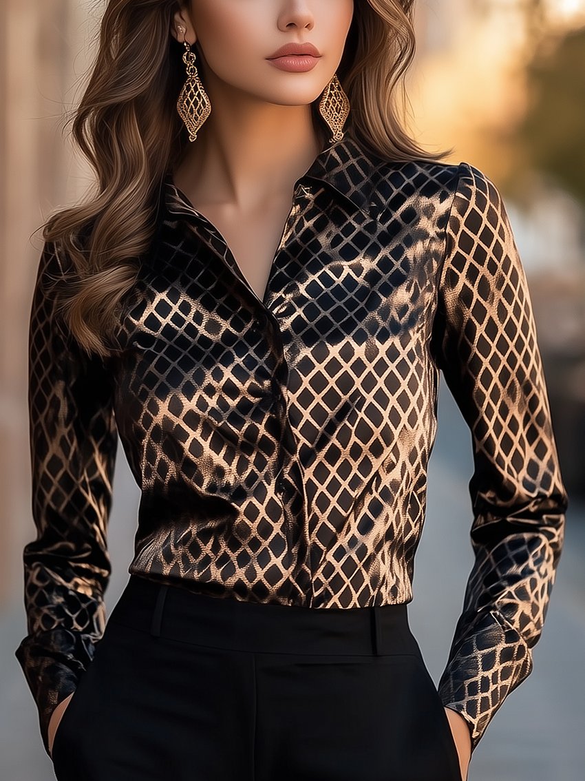 Black Gold Geometric Print Satin Blouse