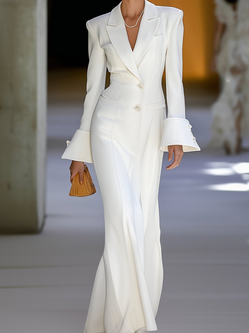 White Maxi Suit Dress With Stylish Cuffs