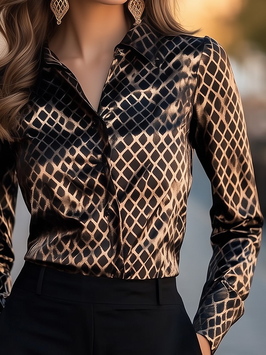 Black Gold Geometric Print Satin Blouse