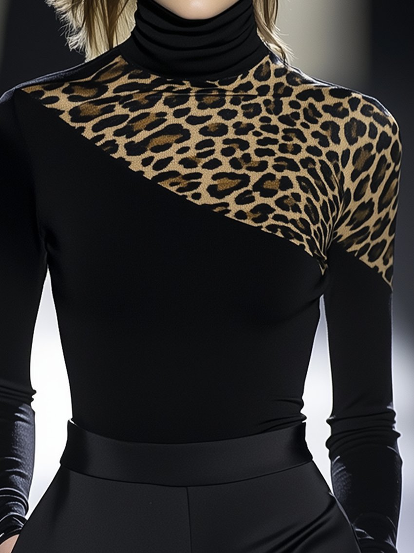 Leopard Shoulder Black Stretch Skinny T-shirt