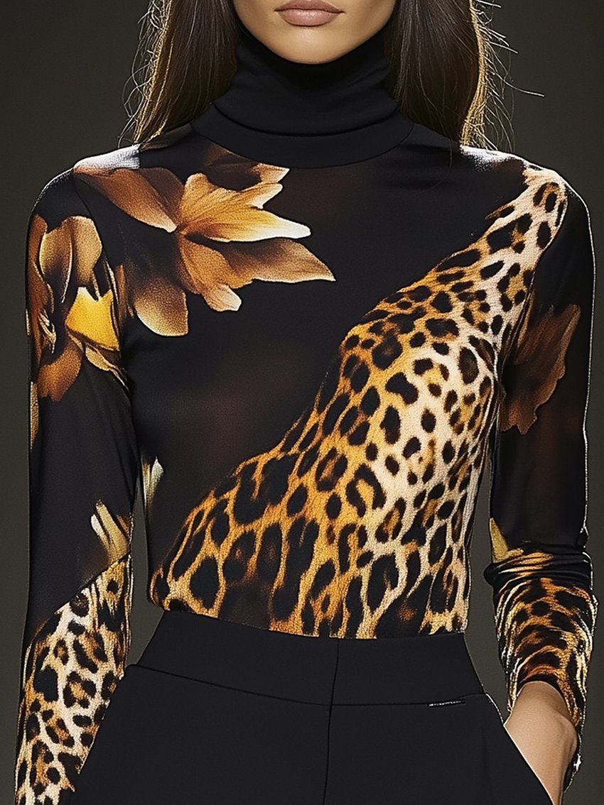 Black Skinny Stretch T-shirt With Yellow Flowers And Leopard Print