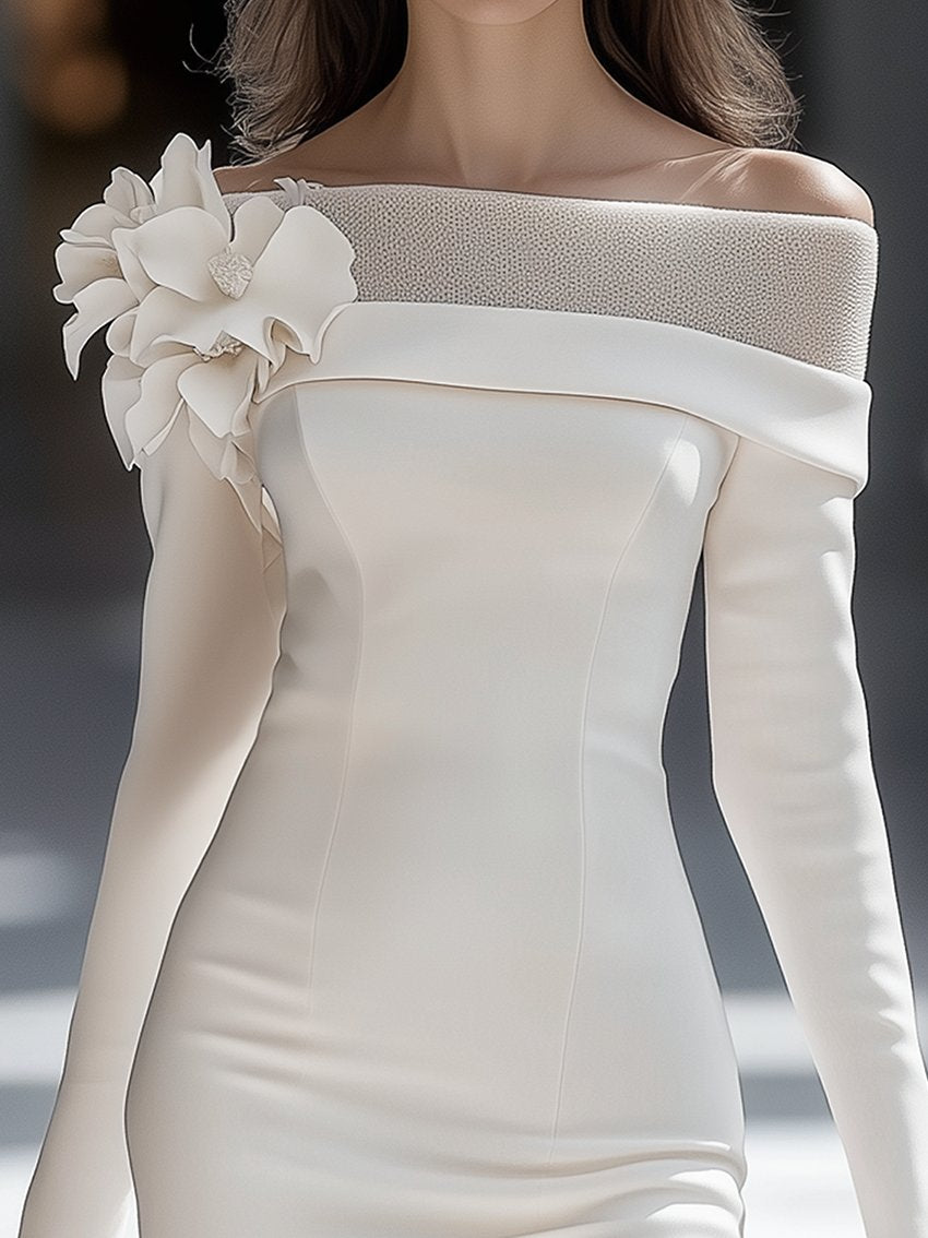 Off-the-shoulder White Midi Pencil Dress With Mesh Decoration And 3D Flowers