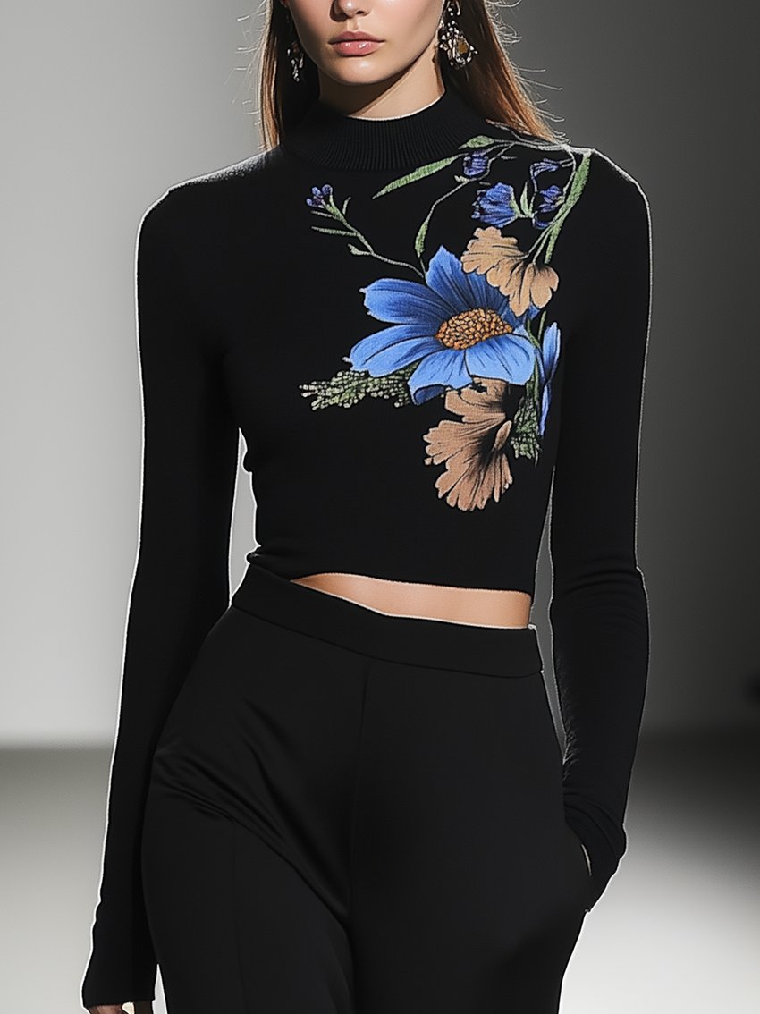 Black Stretch T-shirt With Blue Floral Plant Print