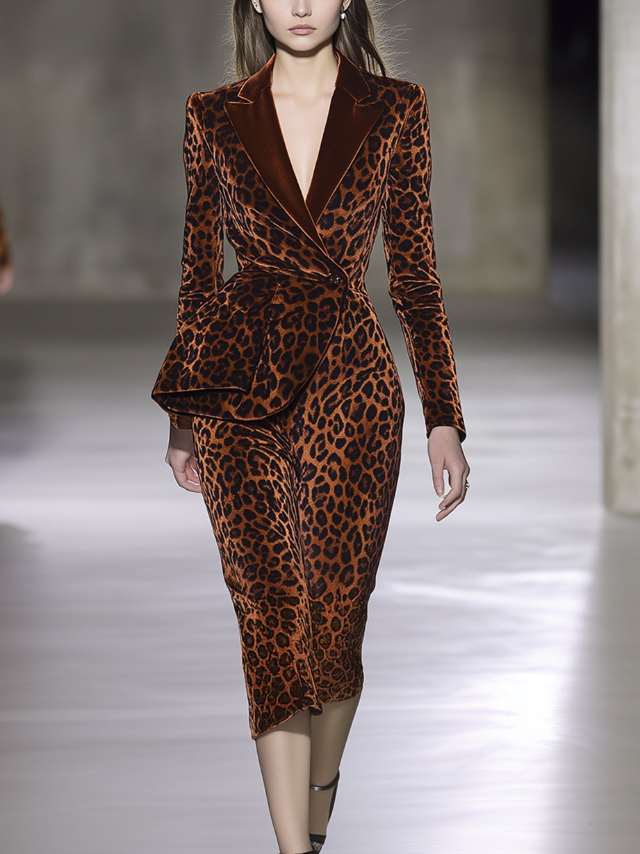 Red-brown Leopard Velvet Skinny Dress