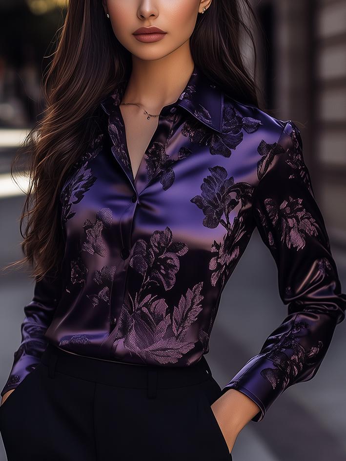 Purple Dark Floral-Print Satin Blouse