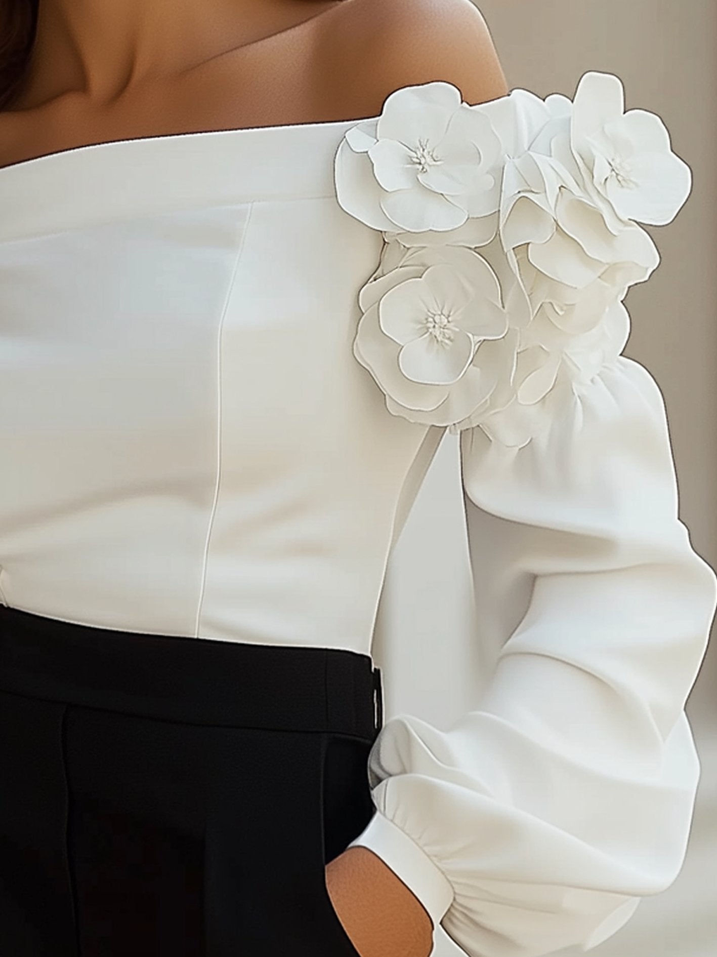 Off-the-shoulder White Shirt With 3D Flowers