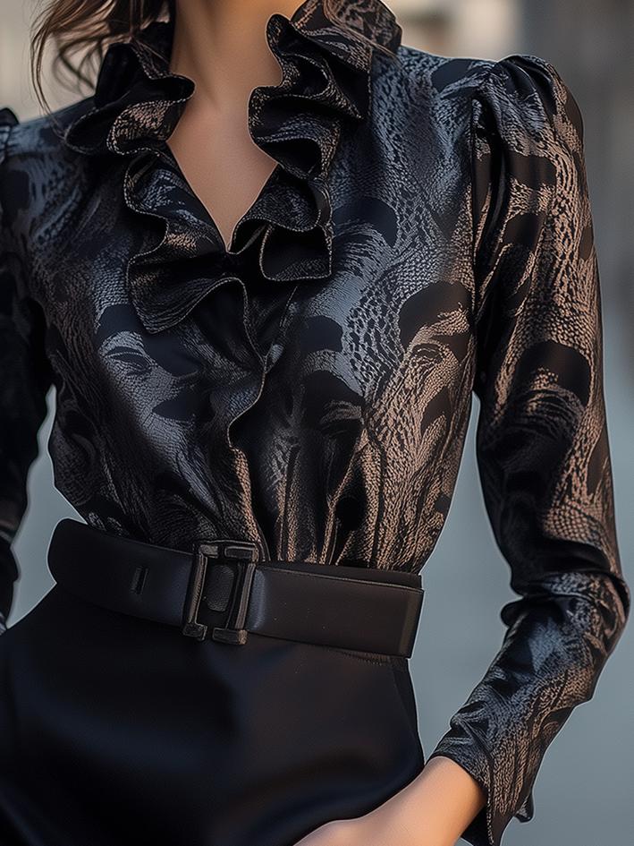 Black Snake-Print Satin Blouse With Pleated Collar