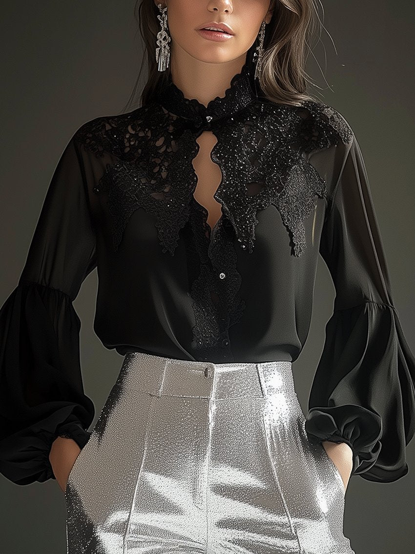 Black Chiffon Blouse With Collar Stitching Lace Balloon Sleeves