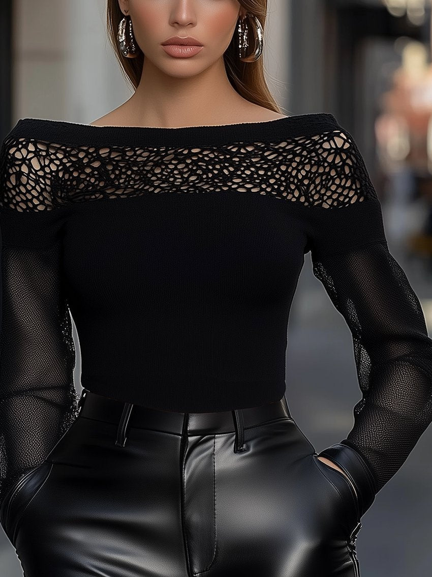 Stylish Mesh Stitching Black Knit T-Shirt