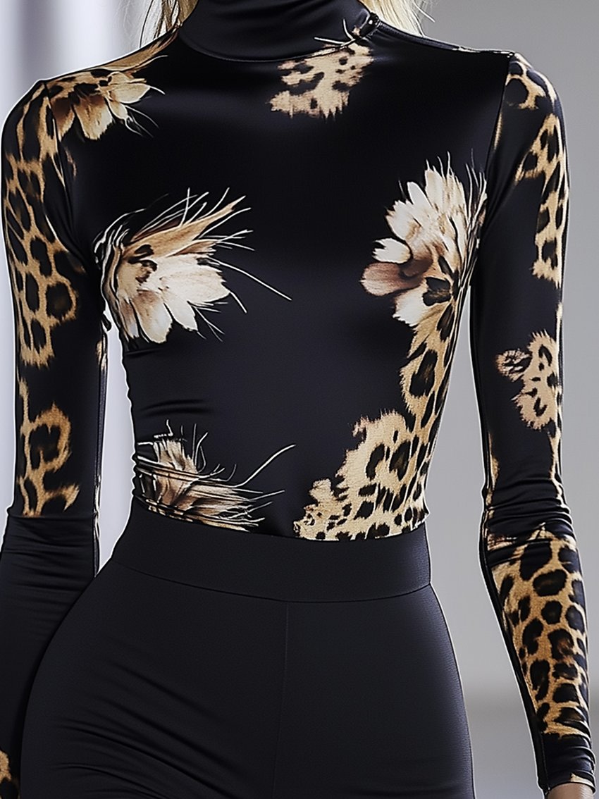 Black Stretch-fit T-shirt In Floral And Leopard Print