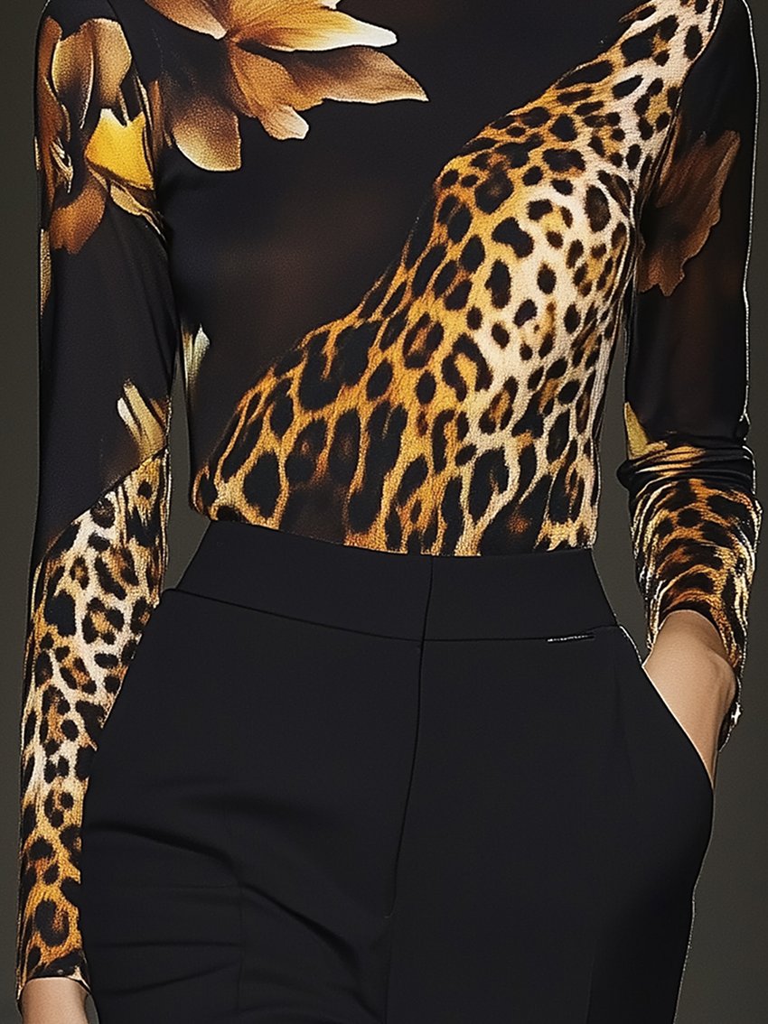 Black Skinny Stretch T-shirt With Yellow Flowers And Leopard Print