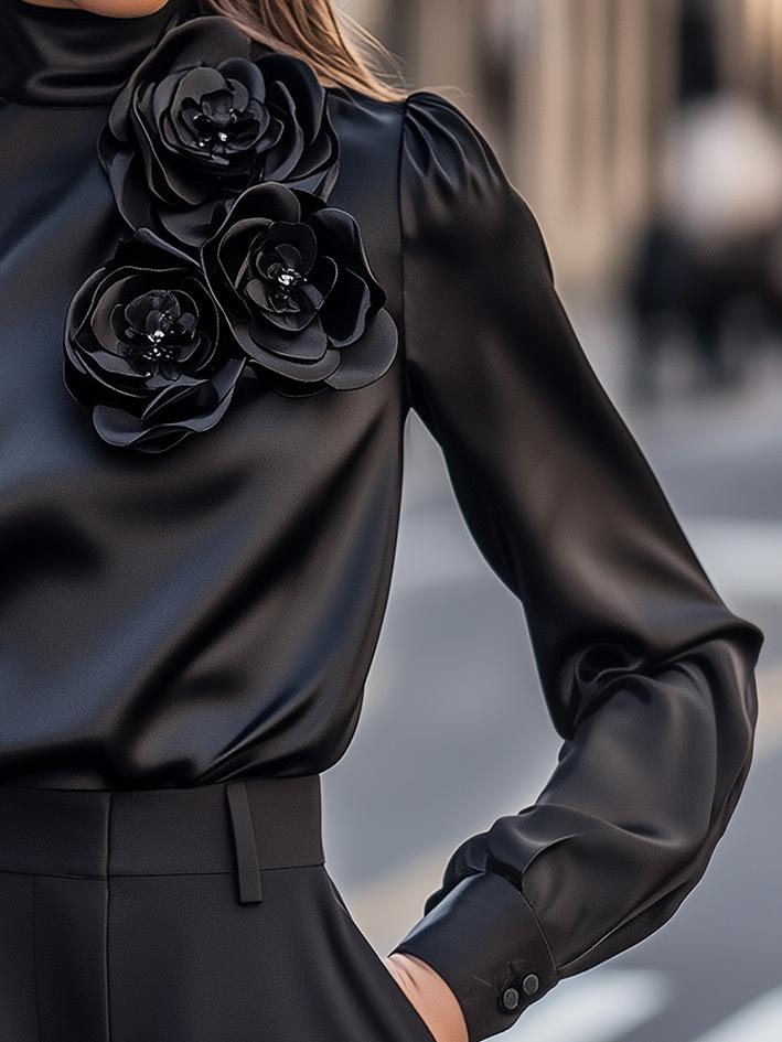 Black High Collar 3D Floral Embellished Satin Shirt