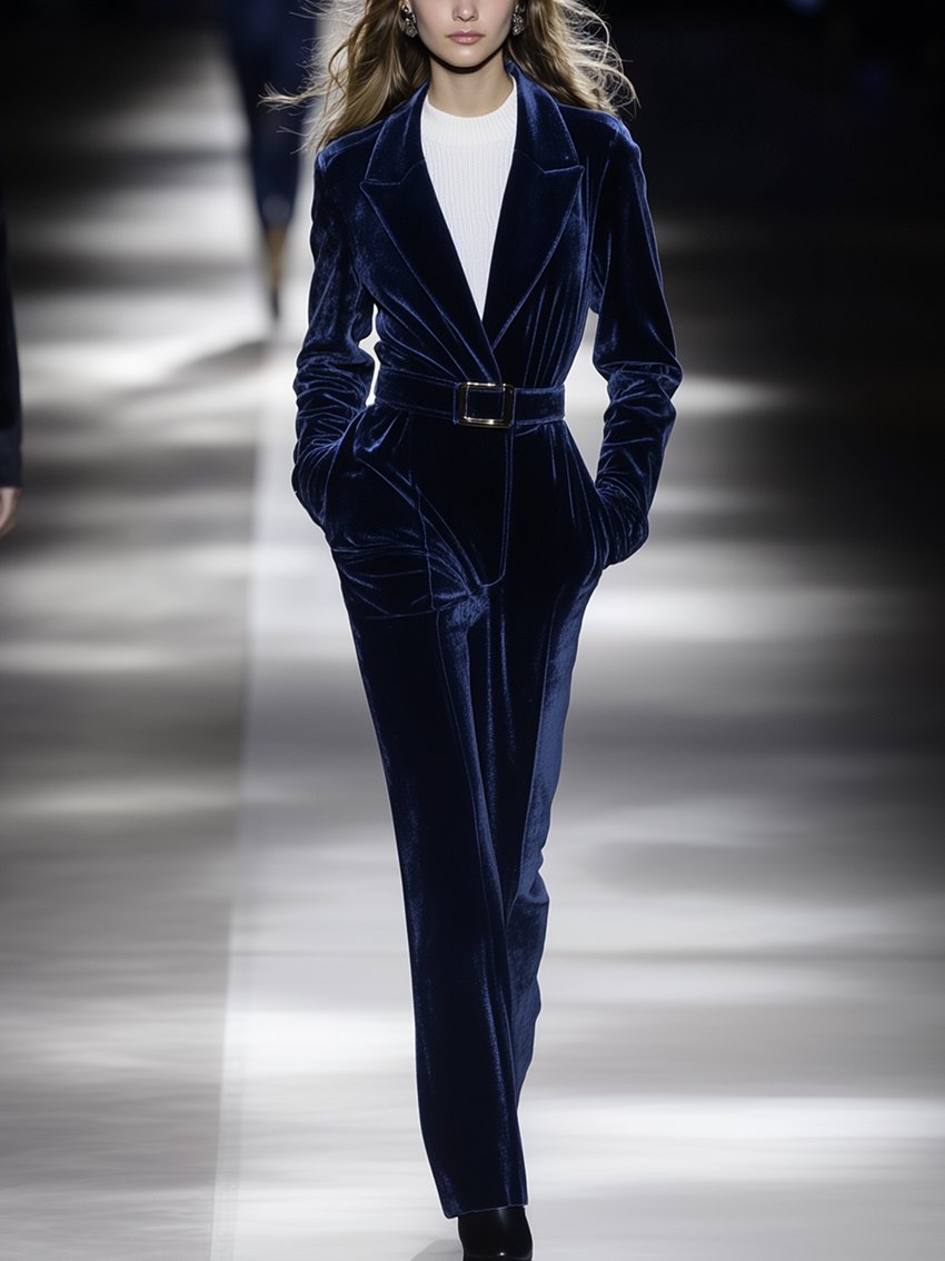 Dark Blue Velvet Jumpsuit With Belt